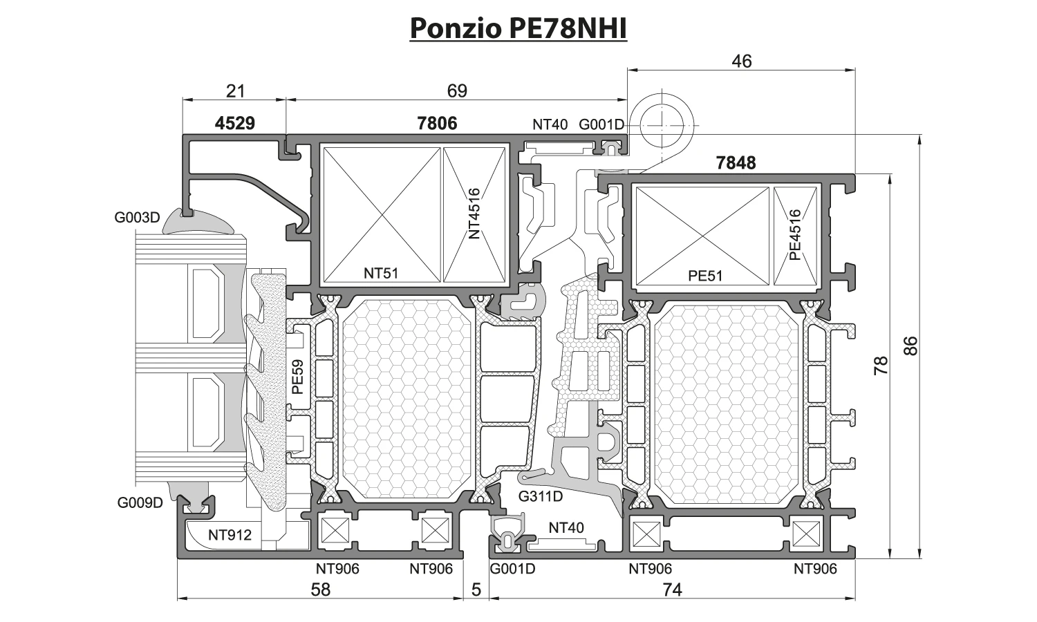 Przekrój systemu Ponzio PE78NHI dla okna